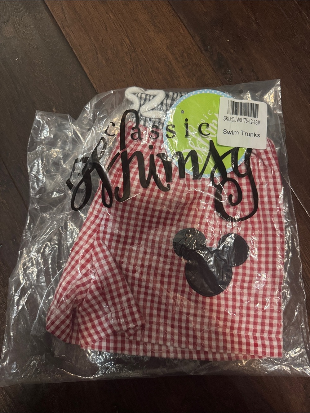Classic Gingham Red Kids Swim Trunks with Mouse Appliqué